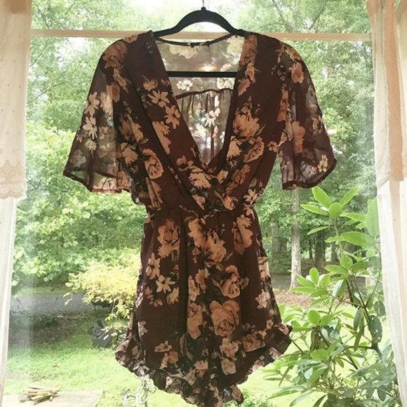 Purple Flower Print Romper Summer Vacation Outfits - Picture 1 of 4